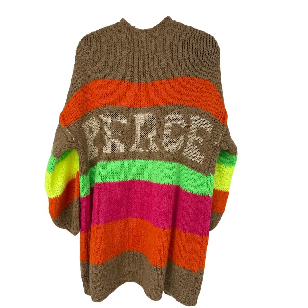 ASTRID Italy Neon Stripe PEACE Mohair Blend Chunky Open Cardigan Sweater M